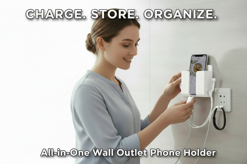 White wall-mounted phone holder with two side hooks on NexuraCart theme background