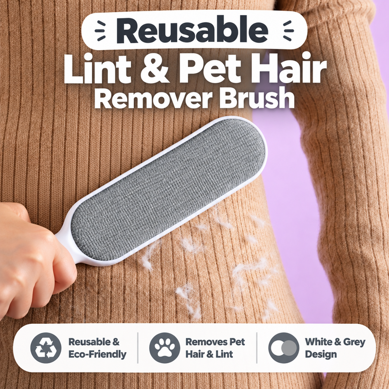 Reusable lint-remover brush shown brushing loose lint from a tan sweater