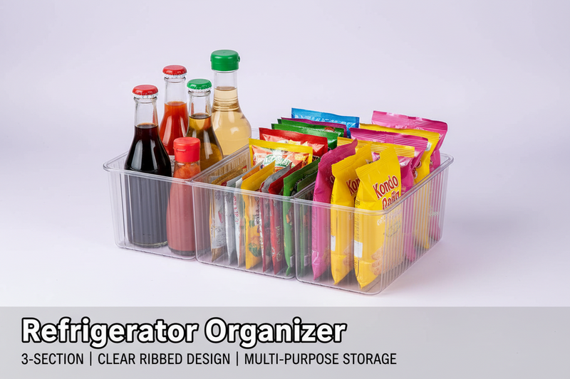 Four-compartment transparent storage organizer shown holding bottles and packets; contents not included