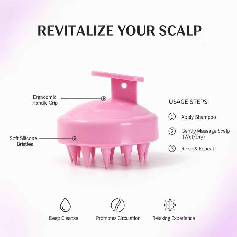 Pink scalp massage and shampoo brush on a light NexuraCart theme background