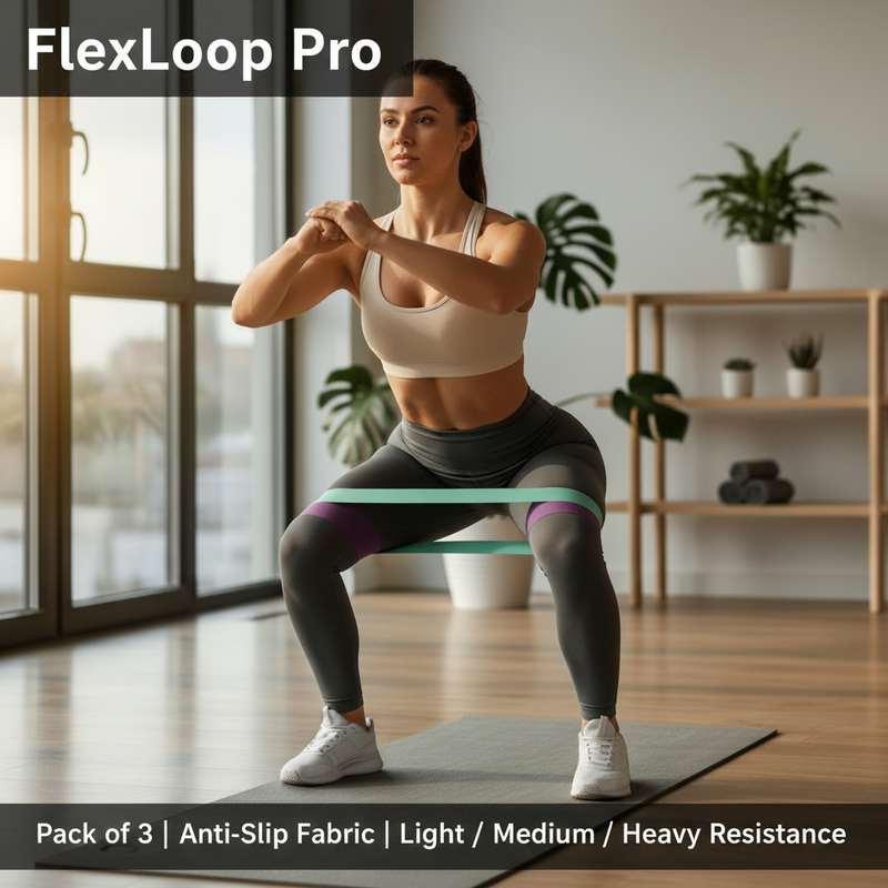 Purple, pink and green fabric resistance bands on a light NexuraCart theme background