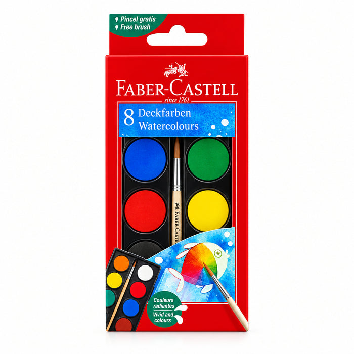 Faber-Castell 125008 Deckfarben watercolour palette with 8 colours and brush