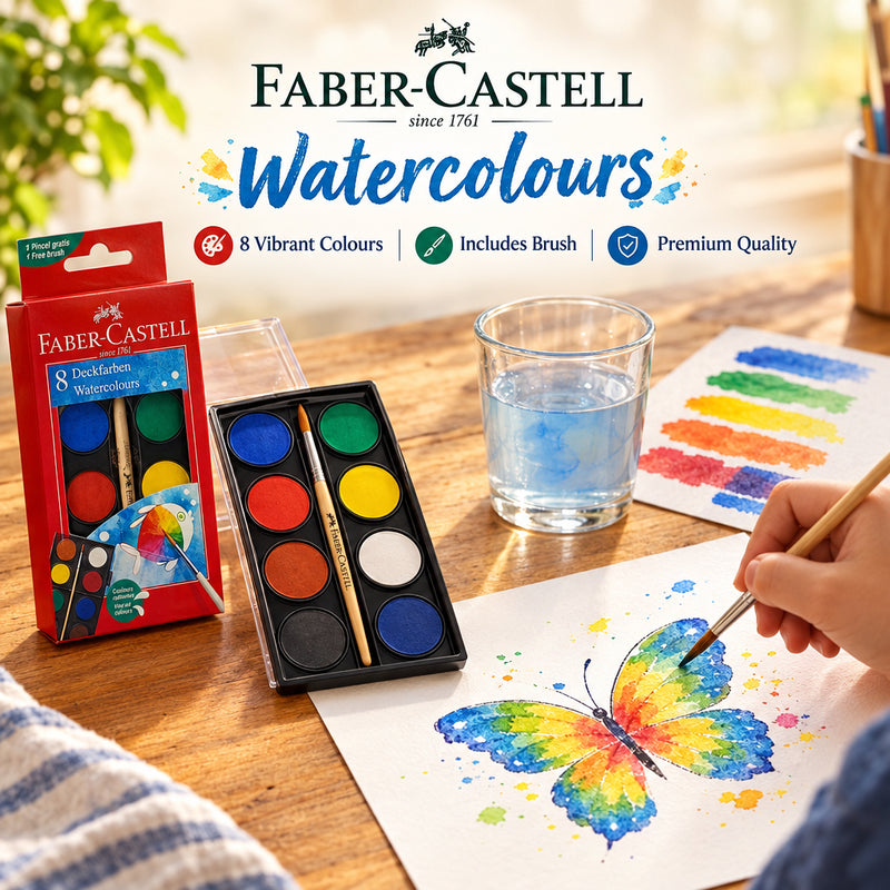 Faber-Castell 125008 Deckfarben Watercolours – 8 Colours with Brush