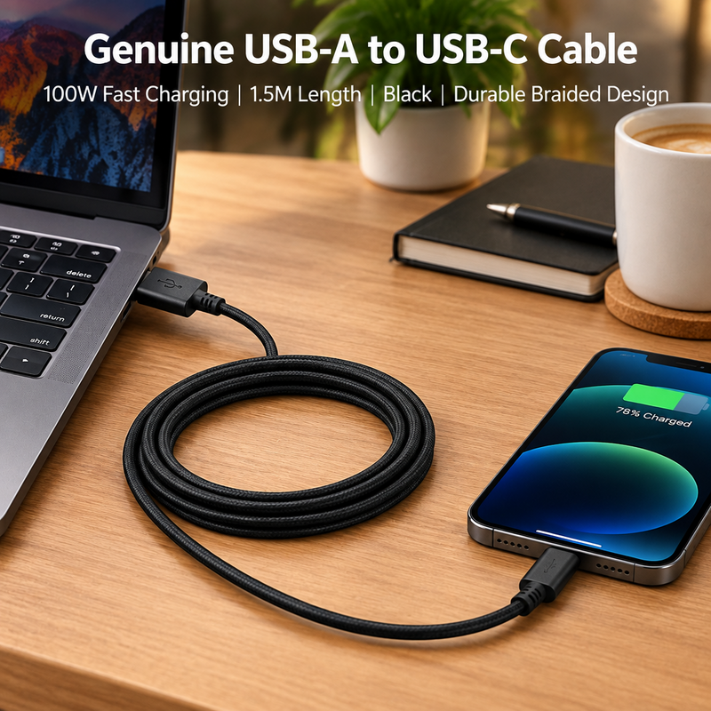 Black 1.5m USB-A to USB-C 100W charging cable