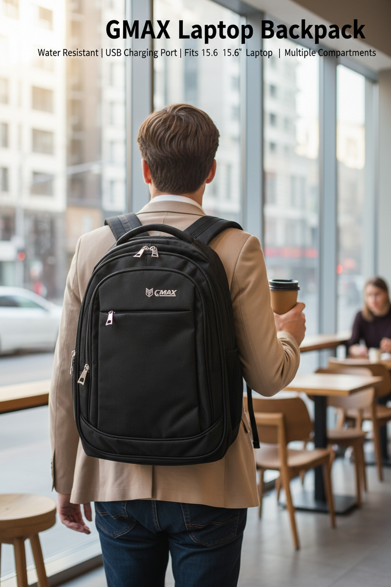GMAX black multi-compartment laptop backpack
