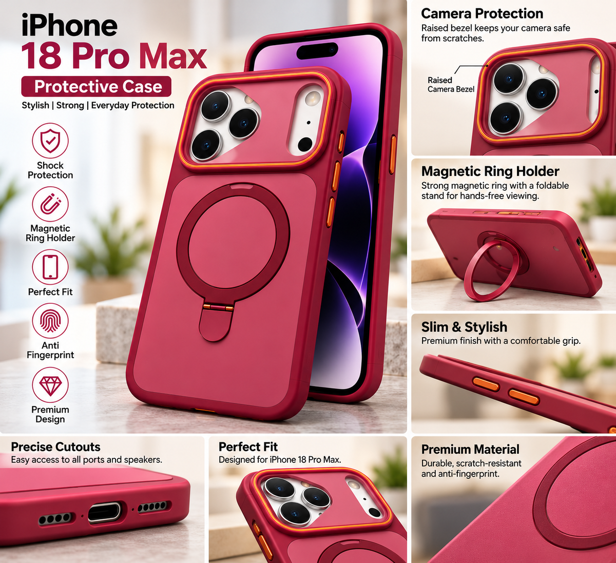 Pink protective iPhone 17 Pro and 18 Pro case with ring stand