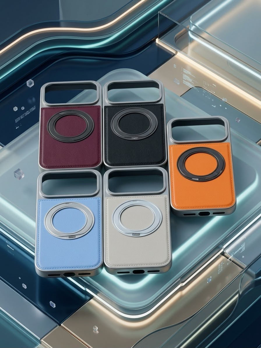 Leather-look circular ring phone cases in burgundy black orange blue and white