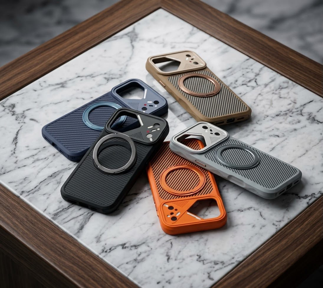 Five textured circular ring phone case designs in blue black orange silver and beige