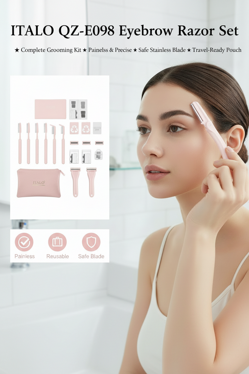 Italo folding eyebrow razor set, front view