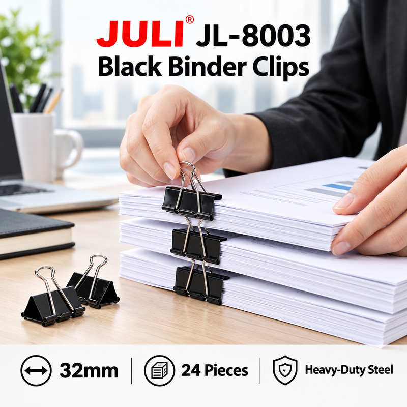JULI JL-8003 Black Binder Clips – 32 mm, 24 Pieces