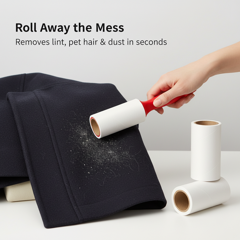 Red lint roller with two adhesive refill rolls