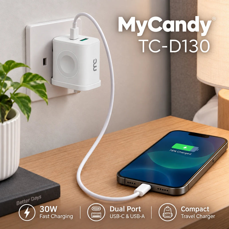 Mycandy TC-D130 30W Type-C Travel Charger with Apple Watch Charger – White