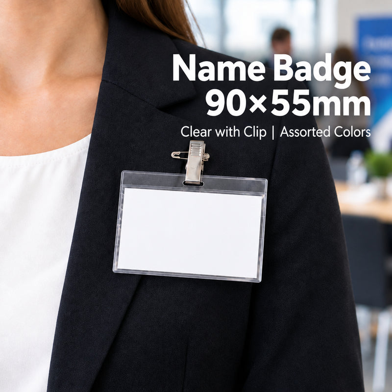 Clear 90 x 55 mm name badge holder with clip