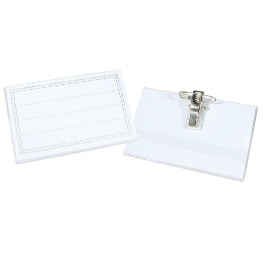 90 x 55 mm badge holders showing front and clip back