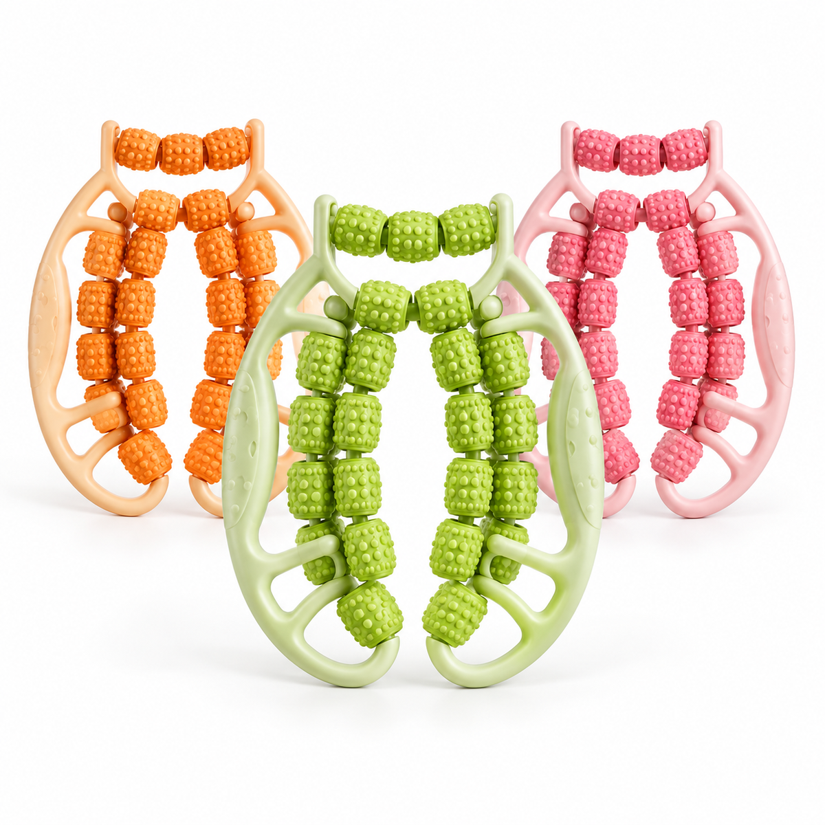 29-wheel roller leg and calf massager in green, orange and pink