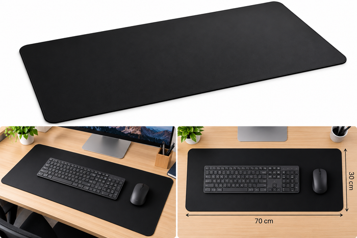 Black desk mat 70 x 30 cm promotional concept showing product and workspace setups