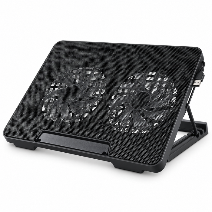 Black dual-fan adjustable laptop cooling pad front view