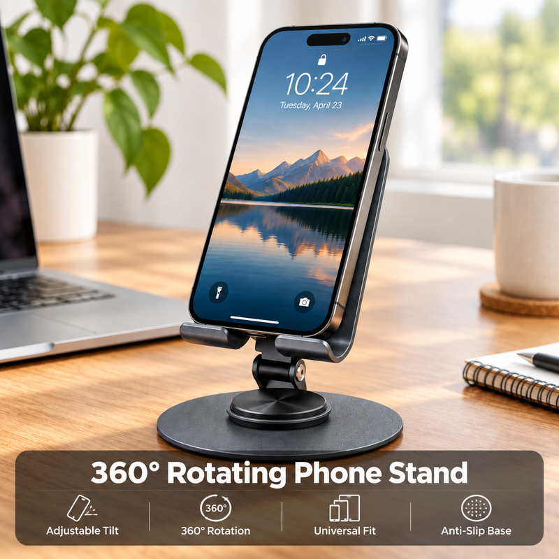 Rotating adjustable mobile phone stand front three-quarter view