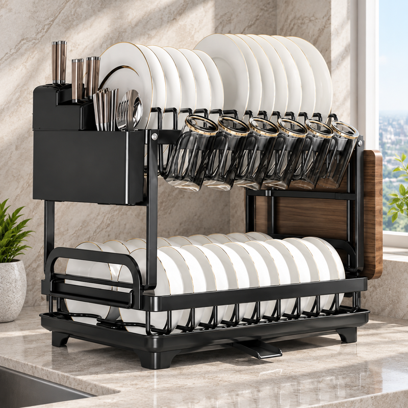 Black two-tier metal dish drying rack with plastic tray in a modern kitchen