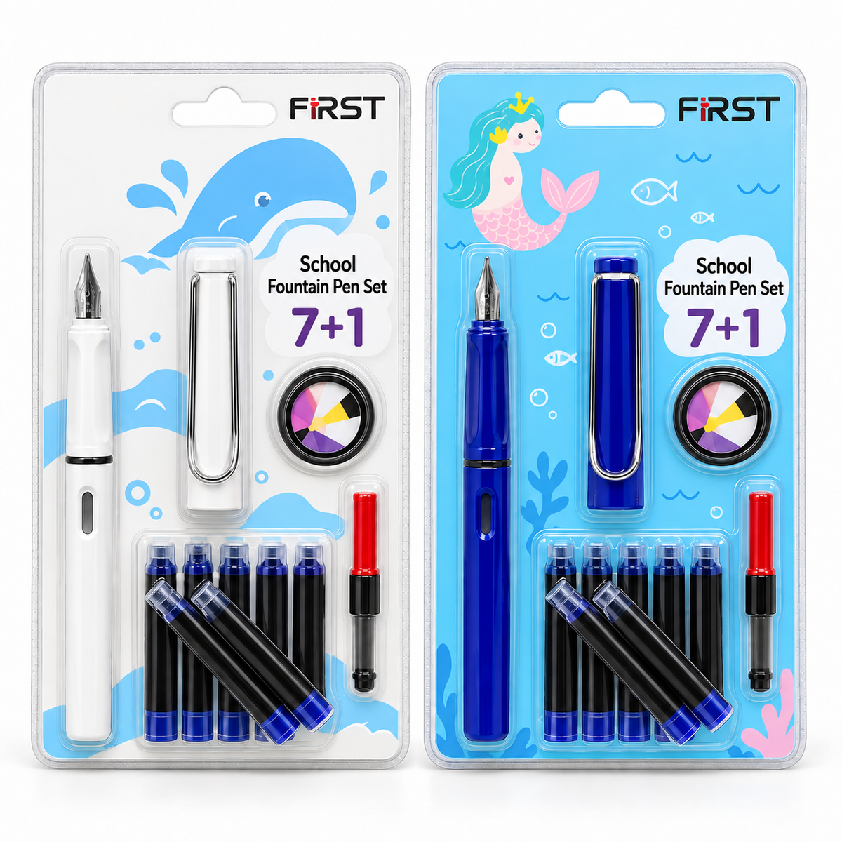 School Stationery Fountain Pen Set for Kids 7+1 pieces in white and blue