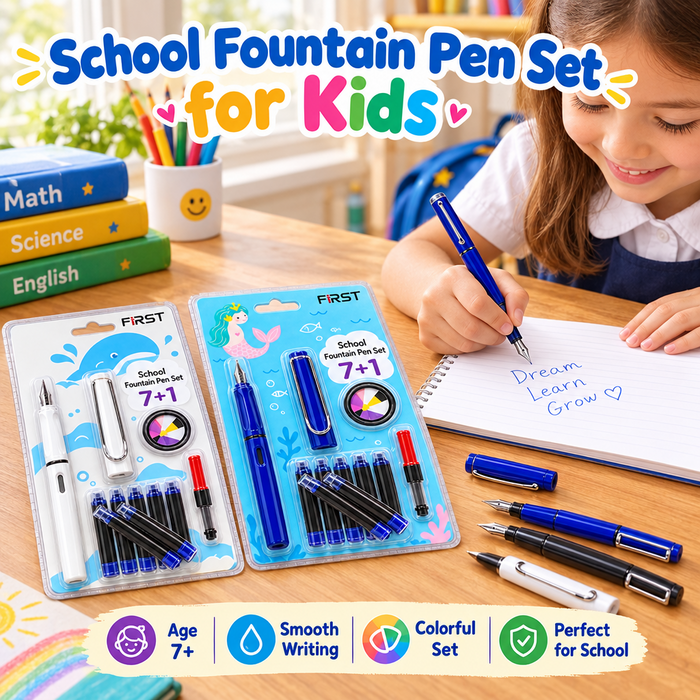 School Stationery Fountain Pen Set for Kids – 7+1 Pcs