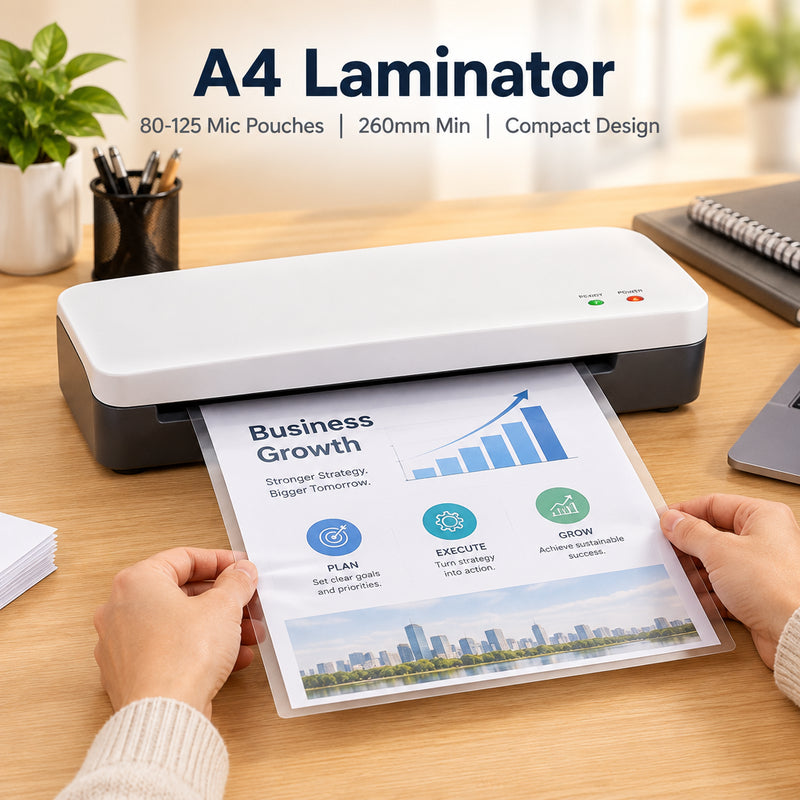 A4 Laminator – 80–125 mic Pouches, 260 mm/min, Compact