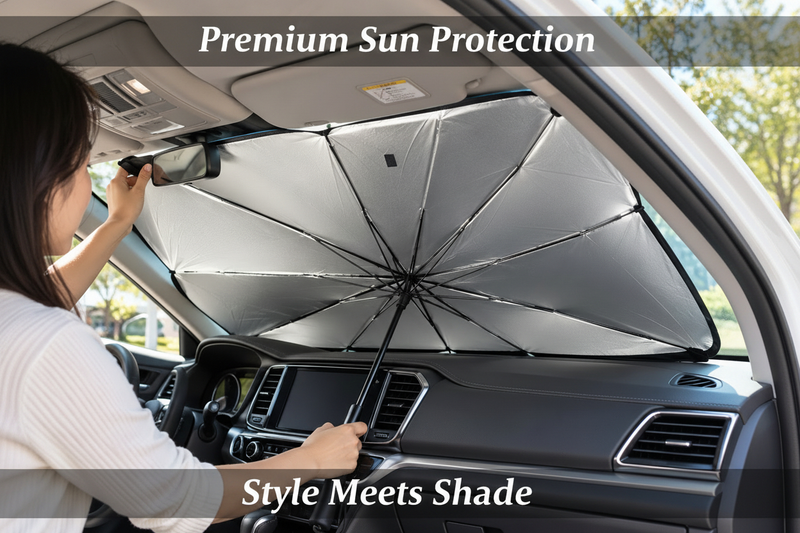 Foldable windshield sunshade umbrella installed inside a car