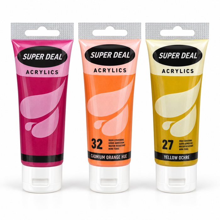 Super Deal acrylic paint tubes in Magenta, Cadmium Orange Hue and Yellow Ochre