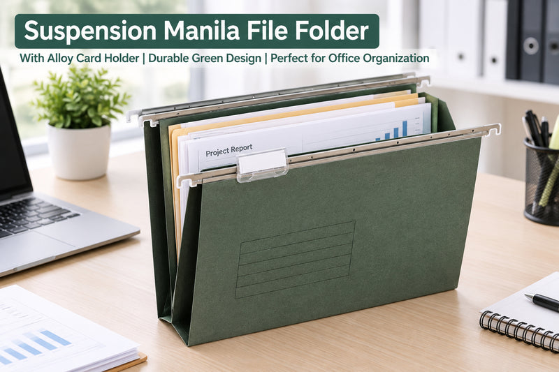 Green suspension file folder with metal hanging rail and label holder