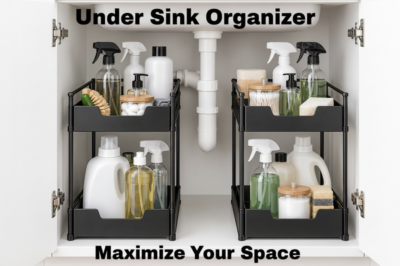 Two-tier under-sink organizer shown in a cabinet