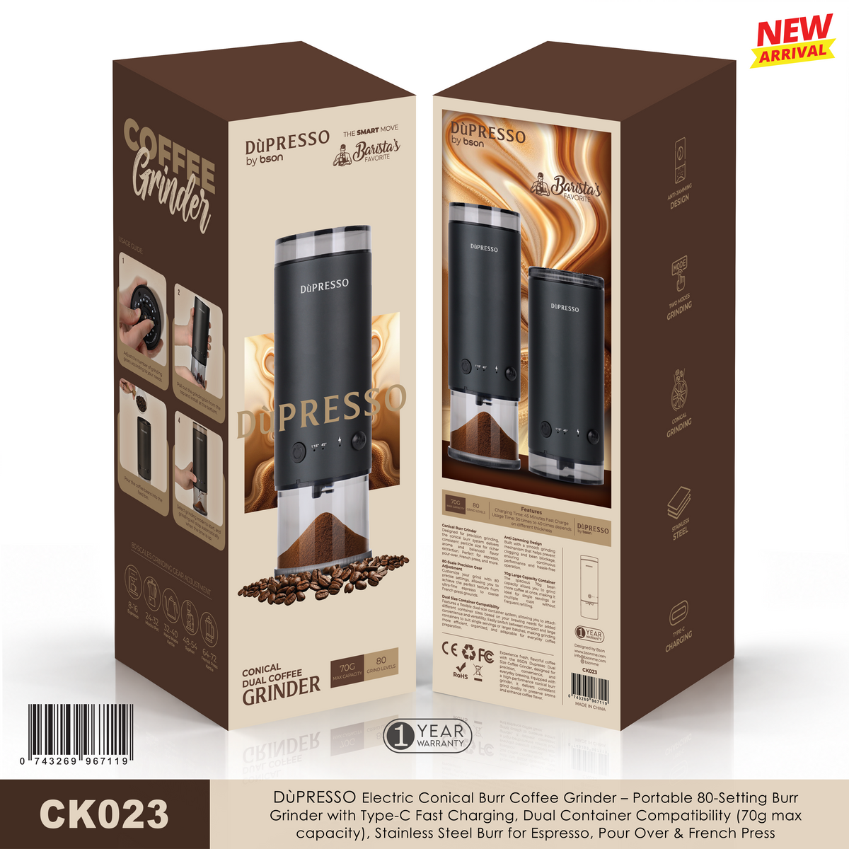 DùPRESSO CK023 conical burr coffee grinder – official view 4