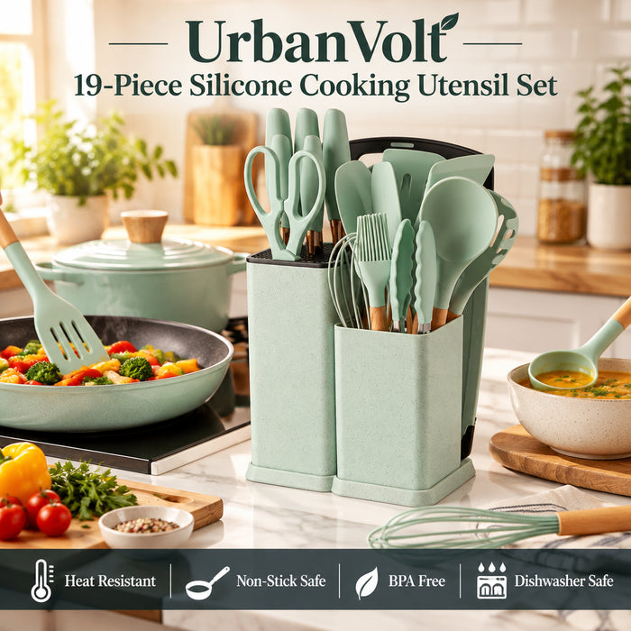 UrbanVolt 19-piece silicone cooking utensil set with wooden handles